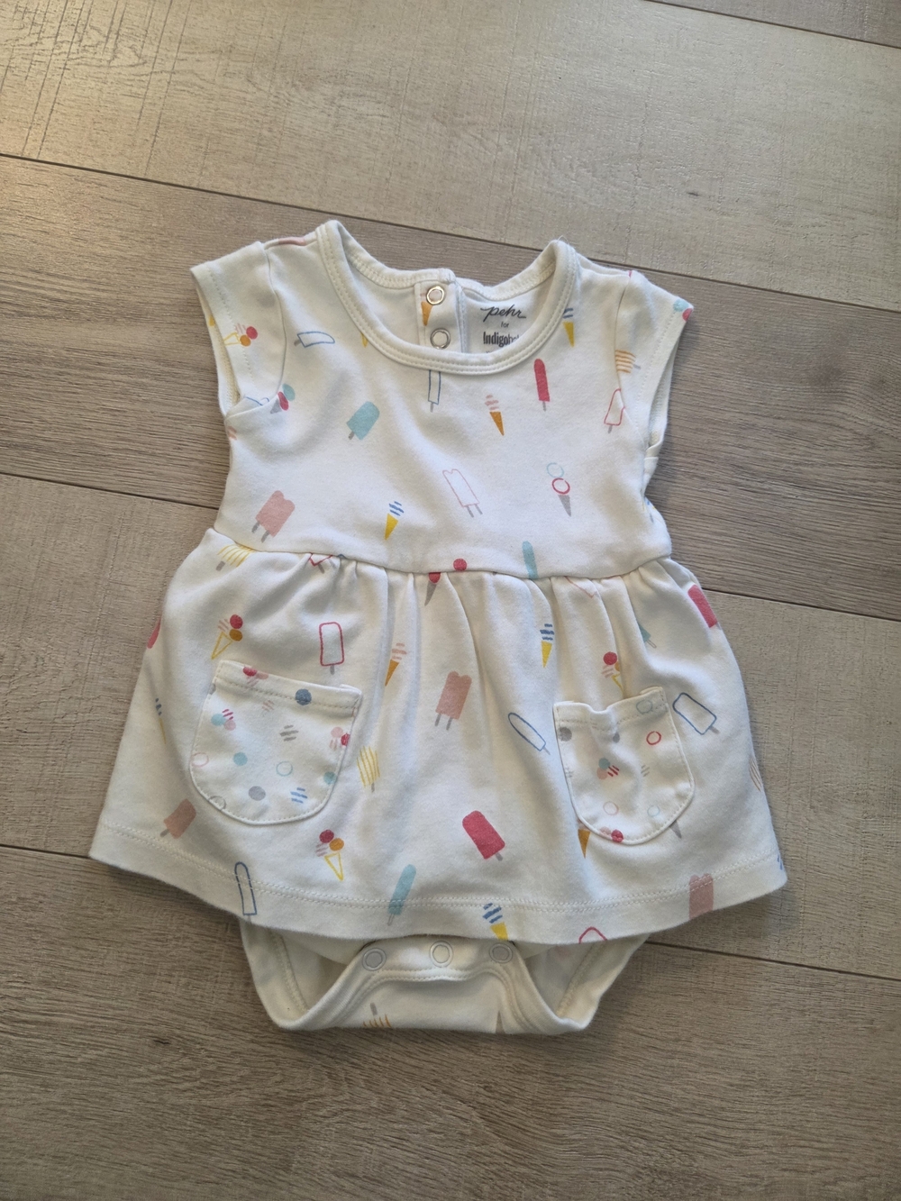 Indigo White Dress Bodysuit with Pink, Blue, Yellow and Coral Popsicle Print